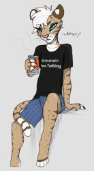 anthro boxers_(clothing) clothing confusion drew_(phlegraofmystery) erection felid feline fur graphic_tee green_eyes hair hi_res leopardus male mammal morning_wood ocelot orange_body orange_fur phlegraofmystery sitting solo spots stripes tent_through_fly underwear white_hair