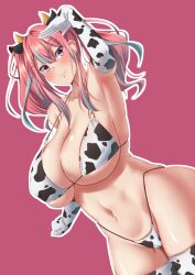 1girls absurdres alternate_costume alternate_version_available animal_ears animal_print armwear azur_lane bikini breasts bremerton_(azur_lane) cow_ears cow_girl cow_horns cow_print cow_print_armwear cow_print_bikini cow_print_legwear dutch_angle elbow_gloves female female_only gloves grey_hair hair_ornament highres horns huge_breasts legwear light-skinned_female light_skin long_hair multicolored_hair nanohana_(november.) navel_piercing o-ring o-ring_bikini piercing pink_background pink_eyes pink_hair skindentation solo string_bikini swimsuit thighhighs twintails two-tone_hair x_hair_ornament