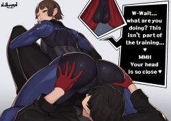 1boy 1girls absurd_res akira_kurusu ass ass_grab bubble_ass bubble_butt cameltoe clothing english_text faceless_male female grabbing grabbing_ass human light-skinned_female makoto_niijima male nidhoggn pale_skin persona persona_5 phantom_thief_suit puffy_pussy pussy pussy_juice pussy_juice_drip pussy_juice_drip_through_clothes red_eyes ren_amamiya sitting sitting_on_face sitting_on_person skin_tight text thick_thighs wet_pussy