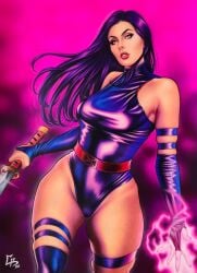 1girls 2022 abstract_background arm_strap belt betsy_braddock blue_arm_strap blue_elbow_gloves blue_latex_elbow_gloves blue_latex_thighhighs blue_latex_thong_leotard blue_thigh_strap blue_thighhighs blue_thong_leotard chriscomicart ed_benes_studio elbow_gloves elizabeth_braddock energy female holding_katana holding_sword holding_weapon katana kwannon latex_elbow_gloves latex_thighhighs latex_thong_leotard light-skinned_female light_skin long_hair marvel marvel_comics melee_weapon ninja pink_energy psylocke purple_background purple_hair red_belt red_lipstick skindentation solo solo_female standing straight_hair sword thigh_strap thighhighs thong_leotard weapon wide_hips x-men