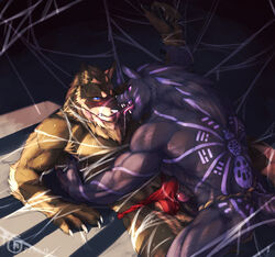 2boys anthro blue_eyes blush bulge canine erection eye_contact eyes fundoshi fur furry furry_only gay imminent_rape looking_at_another male male_only muscles no_humans null-ghost penis pink_eyes spider_web testicles tongue underwear wolf