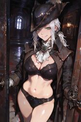 1female 1girls 2025 ai_assisted ai_generated anime_style background big_breasts black_panties bloodborne blush blush_lines blushing_female bra breasts cloak clothed clothed_female clothing collar door female female_focus fromsoftware green_eyes hips inviting inviting_to_sex lady_maria_of_the_astral_clocktower large_breasts long_hair no_pants panties ponytail smile smiling smiling_at_viewer tagme thighhighs thighs tricorne uncensored underwear video_game video_game_character video_game_franchise video_games white_hair