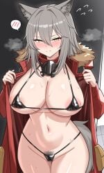 1girls alternate_breast_size animal_ears areolae_slip arknights belly big_breasts bikini black_bikini black_micro_bikini black_swimsuit black_underwear blush curvy embarrassed female female_only female_pubic_hair fur-trimmed_jacket fur_trim grey_hair hair_between_eyes hairy_pussy heavy_breathing highres huge_breasts kemonomimi large_breasts light-skinned_female light_skin looking_at_viewer mask_down micro_bikini navel open_clothes presenting projekt_red_(arknights) pubic_hair pubic_hair_peek shy solo spoken_blush stomach sweat sweatdrop sweating sweaty sweaty_breasts swimsuit tail underwear waist wide_hips worried xervrnzzicbr04j yellow_eyes