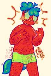 balls bodily_fluids body_hair bulge clothing dripping elemental_creature embarrassed erection erection_under_clothing food for_a_head fruit genital_fluids genitals leaking_precum leg_hair male object_head penis plant pmpwbrrs precum precum_drip solo sprout_(dandy's_world) sprout_(dandys_world) strawberry throbbing throbbing_balls throbbing_penis toons_(dandys_world)