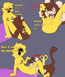 angry angry_face anthro bad_anatomy blush canelitabunny dark_deception dark_deception:_chapter_1 dark_deception:_chapter_2 furry gay gold_watchers licking licking_pussy monkey murder_monkey scars scars_on_breast trans_(lore) trans_man trans_man_(lore)