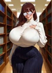 1girls ai_generated brown_hair enormous_breasts gigantic_breasts glasses huge_breasts library mnemosynekoto no_text_version slim_waist thick_thighs