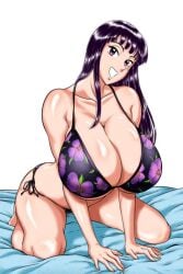 bed bed_sheet bikini breasts cleavage collarbone female floral_print food_print heart_print huge_breasts leopard_print long_hair on_bed print_bikini purple_bikini purple_eyes purple_hair side-tie_bikini side-tie_panties smile solo star_print swimsuit
