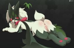 absurd_res anthro anus ass blush female fur generation_9_pokemon genitals green_body green_fur hi_res looking_at_viewer looking_back looking_back_at_viewer meowscarada nintendo nude pink_eyes pokemon pokemon_(species) sarox solo vulva