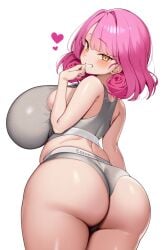 ass ass_focus bare_shoulders blush borrowed_character breasts come_hither eden_(shiroki_yuutsu) female from_behind grin huge_ass huge_breasts kaptivate looking_at_viewer looking_back naughty_face orange_eyes original pink_hair short_hair sideboob smile solo sports_bra thick_thighs thighs thong vanilla_(eden_(shiroki_yuutsu))