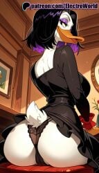 1girls 2025 ai_generated artist_name ass black_panties disney ducktales electroworld female from_behind hi_res high_quality high_resolution highres indoors lace looking_back magica_de_spell panties patreon patreon_username purple_eyes purple_hair solo stable_diffusion underwear watermark