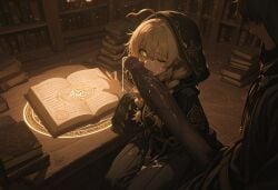 1boy 1girls ai_generated blowjob braided_hair cock_worship cum dark-skinned_male eyes fellatio female glowing hood interracial large_penis library licking licking_penis magic_circle male monica_everett one_eye_closed penis penis_awe robe self_upload silent_witch spell spellbook tagme wink witch