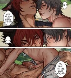 ... 2boys adam's_apple animal_ears arm_hair black_hair blue_eyes blush chest_hair closed_eyes closed_mouth clothes_pull commentary dog_boy english_text grey_hair highres komano_manato large_penis lips looking_at_another male_focus male_pubic_hair multicolored_hair multiple_boys muscular muscular_male navel_hair nipples nose official_alternate_costume paid_reward_available pants pants_pull pectorals penis penis_size_difference pubic_hair red_hair scar scar_on_arm scar_on_face scar_on_leg short_hair speech_bubble spoken_ellipsis tongue tongue_out topless_male twitter_username veins veiny_arms veiny_penis wise_(peaceful_waves)_(zenless_zone_zero) wise_(zenless_zone_zero) yaoi yukaero4 zenless_zone_zero