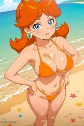 ai_generated artist_name bare_legs beach blue_eyes breasts brown_hair cleavage crown earrings female flipped_hair flower_earrings groin hand_on_own_hip jewelry legs looking_at_viewer mario_(series) navel nintendo princess princess_daisy sassy sexy shiny_skin smile standing thighs tomboy water young young_female
