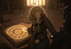 1boy 1girls ai_generated blowjob braided_hair casting casting_spell cock_worship cum dark-skinned_male eyes fellatio female glowing hood interracial large_penis library licking licking_penis magic_circle male monica_everett one_eye_closed penis penis_awe robe self_upload silent_witch spell spellbook tagme tongue wink witch