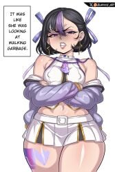 1girls 2025 angry angry_face belly belly_button big_lips big_thighs black_hair blannis_art bowtie brat child_bearing_hips color colored disgusted disgusted_look earrings english english_text female female_focus female_human female_only goddess_of_victory:_nikke hair human light-skinned_female light_skin lips looking_at_viewer mesugaki midriff miniskirt nipple_bulge nipples pov purple_eyes purple_highlights short_hair shortstack shoulders skirt small_breasts stomach syuen_(nikke) tattoo tattoo_on_legs text text_box thick_thighs thigh_tattoo tie wide_hips wide_thighs