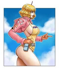 1girls ass big_ass big_breasts black_jacket blonde_hair blonde_hair_female blue_eyes blue_eyes_female bodysuit bomber_jacket breasts bubble_ass bubble_butt clouds curvy egghead eyebrows eyelashes female female_only fit fit_female hand_on_hip hand_on_own_hip headphones iury_padilha jacket large_breasts leotard lipstick no_pants one_piece one_piece:_egghead_arc open_jacket panties pointing pose revealing_clothes short_hair sideboob skimpy sky_background solo stussy_(one_piece) thong voluptuous voluptuous_female watermark