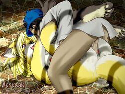 blonde_hair canine censored cum cum_inside curled_toes female fox fur hair hat hindpaw human interspecies male open_mouth pavement penetration shadow straight vaginal_penetration warusaki yellow