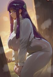 1girls absurd_res ai_assisted ai_generated ass ass_focus bent_over big_ass big_breasts blush breasts breasts_bigger_than_head bubble_butt busty clothed clothing curvaceous curvy curvy_female curvy_figure eyebrows eyebrows_visible_through_hair eyelashes fat_ass female female_focus female_only fern_(sousou_no_frieren) glistening glistening_body hi_res huge_ass huge_breasts light-skinned_female light_skin motion_lines nipples nipples_visible_through_clothing purple_eyes purple_hair shexyo sideass sideboob solo sousou_no_frieren sweat sweatdrop sweating sweaty thick_thighs translucent_clothing twitter_link voluptuous voluptuous_female wide_hips