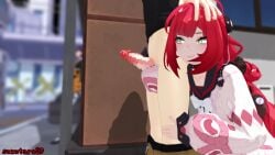 1boy 1boy1girl 2girls belle_(zenless_zone_zero) censored city cum duo_focus ejaculation erect_penis erection female green_eyes hand_on_another's_head handjob hoyoverse light-skinned_female light-skinned_male light_skin male mihoyo mischievous_smile mosaic_censoring outdoors penis public public_indecency public_nudity red_hair smug suzutaro3d tagme ukinami_yuzuha video wise_(zenless_zone_zero) zenless_zone_zero