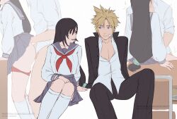 1boy arm_support bandaid bandaid_on_cheek bandaid_on_face black_hair black_jacket black_pants blonde_hair blue_eyes blue_sailor_collar blue_scrunchie blue_skirt chocorut closed_mouth cloud_strife cloud_strife_(midgard_seventh_high_school) collarbone collared_shirt couple delinquent desk english_commentary feet_out_of_frame female final_fantasy final_fantasy_vii final_fantasy_vii_ever_crisis from_behind from_side gakuran hair_ornament hair_scrunchie hairclip invisible_chair jacket kneehighs long_hair long_sleeves looking_at_another low-tied_long_hair miniskirt multiple_views neckerchief official_alternate_costume on_desk open_clothes open_jacket open_mouth panties panties_around_one_leg pants partially_unbuttoned patreon_username pectorals pleated_skirt red_eyes red_neckerchief sailor_collar school_desk school_uniform scrunchie serafuku sex sex_from_behind shirt short_hair sitting skirt socks spiked_hair standing standing_sex straight straight-on tifa_lockhart tifa_lockhart_(midgard_seventh_high_school) underwear white_serafuku white_shirt white_socks