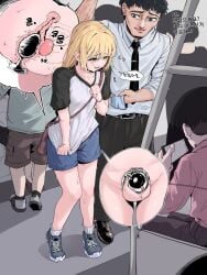 1boy absurdres bag black_hair black_necktie blonde_hair butt_plug chastity_cage chastity_cage_emission commentary_request cross_section heeueung highres long_hair looking_at_another looking_down multiple_boys necktie open_mouth original sex_toy shirt shoes shorts shoulder_bag small_chastity_cage sneakers socks standing t-shirt testicles train translation_request trap white_shirt white_socks x-ray yellow_eyes