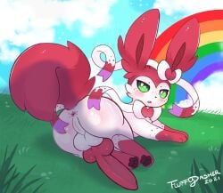 2021 animal_genitalia animal_penis anus artist_name ass backsack balls canine_genitalia canine_penis detailed_background digital_drawing_(artwork) digital_media_(artwork) eeveelution feral fluffy fluffy_tail fluffydasher freckled_butt freckles fur fuwa_(fluffydasher) generation_6_pokemon genitals green_eyes hi_res leg_markings male male_feral markings nature nintendo paws penile penis perineum pink_markings pokemon pokemon_(species) presenting presenting_hindquarters rainbow signature socks_(marking) solo sylveon tail text white_body white_fur