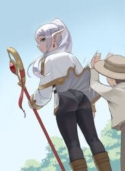 1boy 1girls 2020s 2024 age_difference ass black_pantyhose boots brown_footwear canonical_scene capelet closed_mouth clothes_lift day earrings elf elf_ears elf_female feet_out_of_frame female floating_earrings frieren from_behind green_eyes hat height_difference holding holding_staff jewelry long_hair long_sleeves looking_at_viewer looking_back male outdoors panties panties_under_pantyhose pantyhose pointy_ears skirt skirt_lift sky sousou_no_frieren staff standing tree twintails underwear white_capelet white_hair white_panties zefrableu