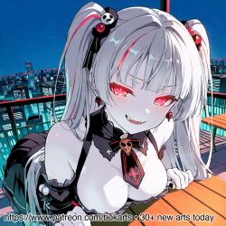 ai_generated balcony black_dress blush bokarts city_lights explicit fangs female large_breasts long_hair looking_at_viewer maid_uniform night nipples nsfw patreon pov railing red_eyes skull_hair_accessories smile solo_focus sweat twintails vampire wet_skin white_apron white_hair