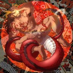 1boy armpit_hair bara beard biceps body_markings broad_shoulders brown_hair check_copyright chest_hair completely_nude copyright_request dragon_boy eastern_dragon_horns eastern_dragon_tail facial_hair foreskin hair_ornament hand_in_own_hair hand_on_own_head highres konohanaya large_pectorals large_penis leaf_hair_ornament leg_hair long_hair looking_at_viewer male_focus muscular muscular_male nipples nude original parted_lips pectorals penis pointy_ears pubic_hair solo sparkle stomach_hair testicle_hair thick_eyebrows thick_thighs thighs toes veins veiny_arms veiny_penis yellow_eyes