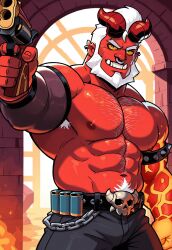 ai ai_generated bara beard belt big_penis brawl_stars bull_(brawl_stars) civitai daddy demon demon_boy demon_horns dilf facial_hair gay gun hairy_male hell huge_cock large_muscles large_penis male_focus male_only muscular_male nose_piercing piercing red_skin solo_male weapon white_hair yellow_sclera