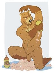 anthro bear bubbles flaccid furry leonhusky male_only mr._honeybum muscular muscular_male penis smile solo uncut