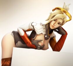 3d armor blonde_hair blurry bodysuit breast_hold breasts brown_legwear cowboy_shot depth_of_field female gradient hair_tie hand_on_breast headgear high_ponytail lips lying mechanical_halo mechanical_wings medium_breasts mercy_(overwatch) nipples no_wings nose official_alternate_costume pink_lips ponytail solo wings