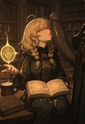 1boy 1girls ai_generated blowjob book braided_hair cock_worship cum dark-skinned_male eyes fellatio female glowing hood interracial large_penis library licking licking_penis magic_circle male monica_everett one_eye_closed penis penis_awe precum robe self_upload silent_witch spell spellbook tagme tongue tongue_out wink witch