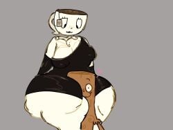 1girl1boy ass ass_bigger_than_head big_ass black_dress black_lipstick breasts cup digital_media_(artwork) dress espressona_signora female halodouble head_on_legs heart huge_ass hugging_legs italian_brainrot legs looking_at_another looking_down medium_breasts sitting smile tagme teacup thick_legs thick_thighs tiktok tung_tung_tung_sahur white_body wide_hips