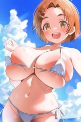 1girls :d absurdres areola_slip bikini blue_sky blush breasts brown_eyes brown_hair cloud commentary_request covered_erect_nipples day female hair_ornament hairclip highres huge_breasts idolmaster idolmaster_cinderella_girls lens looking_at_viewer navel ocean open_mouth outdoors parted_bangs ryuzaki_kaoru satoyama_meu side-tie_bikini_bottom sky smile solo swimsuit teeth thick_eyebrows upper_teeth_only white_bikini