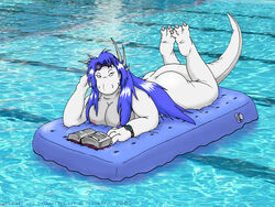 1girls anthro blue_hair breasts chubby dragon dragonrift dragonrift_(artist) female female_only nude on_front pool reptile scalie solo white_scales