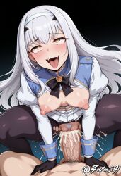 ai_generated arm_support big_penis black_background black_bow black_bowtie black_gloves blue_background blush bonfen291 breasts_out cum cum_in_pussy cum_inside cum_overflow ejaculation fate/grand_order fate_(series) female female_pubic_hair gradient_background huge_nipples layered_sleeves leaning_forward long_hair long_sleeves male melusine_(fate) no_panties open_mouth pantyhose pleated_skirt pov puffy_sleeves pussy pussy_juice rolling_eyes saliva self_upload sex sidelocks small_breasts smile spread_legs squatting_cowgirl_position testicles thick_thighs toned_male tongue_out torn_pantyhose vaginal_penetration white_hair white_hairband white_jacket white_shirt white_skirt yellow_eyes