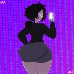 ashley_graves ass ass_focus black_hair black_shirt butt_focus female grey_shorts no_dialogue phone purple_background purple_eyes round_ass round_butt samkeeydraws samkvevo skull the_coffin_of_andy_and_leyley thicc thicc_ass thick_ass thick_legs thick_thighs using_phone