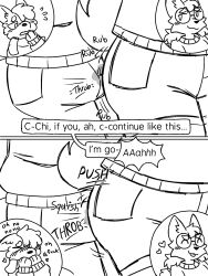 anthro ass blep bloop_uwu blush bottomwear bulge canid canine canis close-up closed_eyes clothed clothed_anthro clothing comic covering covering_mouth dialogue duo embarrassed eyewear female glasses grinding heart_symbol hi_res line_art male male/female mammal monochrome motion_lines nervous onomatopoeia pants rubbing scarf senth_(riley_canvessa) shorts sound_effects speech_bubble splootchy_(riley_canvessa) sweater text tongue tongue_out topwear wearing_glasses wolf