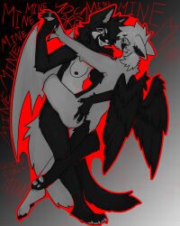4:5 absurd_res anthro breasts controlled corruption demonic_wings dialogue duo evil_face female female/female full-length_portrait fur gradient_background hand_holding hi_res hybrid hypnosis intertwined mind_control multicolored_body multicolored_fur nervouslybrave nipples obsessed outline portrait red_outline sadism sadistic_expression simple_background text wings