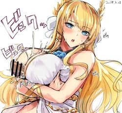 1boy 1girls azur_lane bangs bar_censor blonde_hair blue_eyes blush breast_squeeze breasts censored chains commentary_request crossed_arms cum cum_on_body cum_on_breasts cum_on_upper_body dark-skinned_male dark_skin dated ejaculation_between_breasts eyebrows_visible_through_hair eyelashes female floating_hair flower_ornament hair_ornament kurokawa_otogi large_breasts laurel_crown light-skinned_female light_skin long_hair looking_at_viewer open_mouth out_of_frame paizuri penis ribbon royal_navy_(azur_lane) upper_body veil very_long_hair victorious_(azur_lane) wrist_ribbon