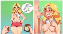 1girls 1male 2d bare_breasts blonde_hair blowjob farmer_(stardew_valley) haley_(stardew_valley) oral patreon_reward saliva stardew_valley zaxton