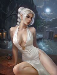 absurdres baldur's_gate baldur's_gate_3 bare_arms bare_shoulders braid breasts camp camping_tent cleavage closed_mouth dress female highres large_breasts legs long_hair moon night no_bra outdoors pointy_ears rainardaart scar scar_on_face shadowheart shiny_skin sitting solo white_dress white_hair