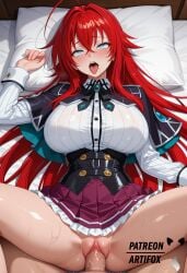 ahe_gao ahoge ai_assisted ai_generated artifox azure_eyes bed bedroom big_breasts blue_eyes blush blush_lines blushing_female cock corset dick high_school_dxd huge_breasts japanese_clothes long_hair long_sleeves missionary_position open_mouth penis penis_in_pussy pillow pov_male purple_skirt pussy pussy_peek pussy_penetration red_hair rias_gremory saliva saliva_on_chin saliva_on_face spread_legs thick_thighs tounge_out watermark wet_thighs white_shirt wide_hips