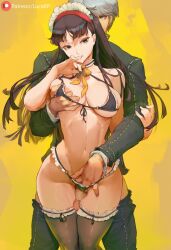 1boy 1girls ai_generated amagi_yukiko atlus biting_finger black_hair breast_grab clothing female fingering fingering_partner fingering_pussy grabbing_another's_breast looking_at_viewer lucakp maid maid_bikini maid_headdress male narukami_yu partially_clothed patreon patreon_link patreon_logo patreon_url patreon_username penis penis_between_thighs persona persona_4 simple_background tagme yellow_background