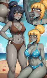2girls ai_generated beach bikini_zombie_(pvz) black_hair blonde_hair blonde_hair_female blue_eyes blush blushed orange_eyes plants_vs_zombies weasel_hoarder_(pvz)
