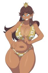 1girls bare_shoulders bikini blue_eyes breasts brown_hair cleavage crown earrings female flower_earrings large_breasts leedraw11 mario_(series) navel nintendo princess_daisy print_bikini simple_background solo solo_female solo_focus thick_thighs thighs white_background