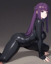 ai ai_art ai_assisted ai_generated all_fours ass big_ass big_breasts big_lips breasts cute cute_face eye_contact fern_(sousou_no_frieren) frieren_beyond_journey's_end gray_background hair_ornament latex latex_bodysuit latex_clothing latex_suit lips lipstick looking_at_viewer patreon patreon_logo patreon_username purple_eyes purple_hair shiny spread_legs