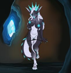 absurd_res anthro blue_eyes blue_horn blue_nails blue_nipples blue_tongue breasts colored_nails dragon female foreplay genitals gradient_body grey_body grey_scales hair hi_res holding_breast horn long_ears looking_at_viewer medium_breasts medium_hair mythological_creature mythological_scalie mythology nails navel nipples scales scalie siconenin simple_background solo sophia_(gdragv) spiked_tail spikes spikes_(anatomy) tail tail_on_pussy teasing tongue tongue_out vulva white_hair