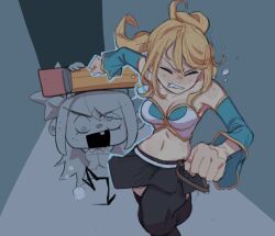 2girls angry angry_expression armpits arms_up armwear bare_shoulders black_skirt blonde_female blonde_hair blonde_hair_female breasts chasing closed_eyes doppelganger dust eraser eyebrows fairy_tail female female_focus grey_skin high_resolution highres holding holding_object knuxy lucy_heartfilia multiple_girls oversized_object parody pencil pencil_(object) running scene_reference simple_background simple_drawing skirt spongebob_reference sweat thigh_highs thighhighs twintails white_belt